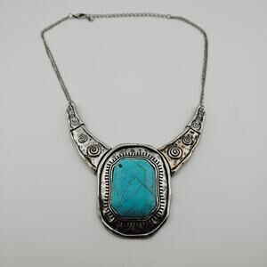 Silver Tone With Turquoise Colored Stone Cabochon Bib Necklace Bold Statement
